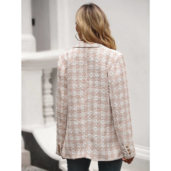 Plaid Lapel Collar Double Breasted Overcoat blazer pea coat cream - Picture 2 of 6